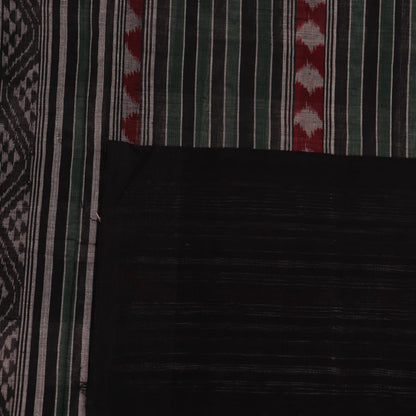 Full view of a green and black Sambalpuri cotton saree with motifs.