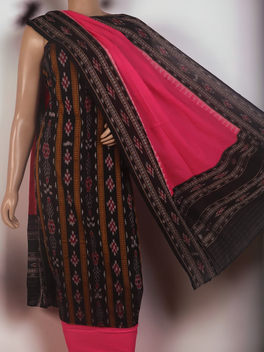 Detail of black and pink Sambalpuri cotton dress material's blouse piece or accessories with motifs.