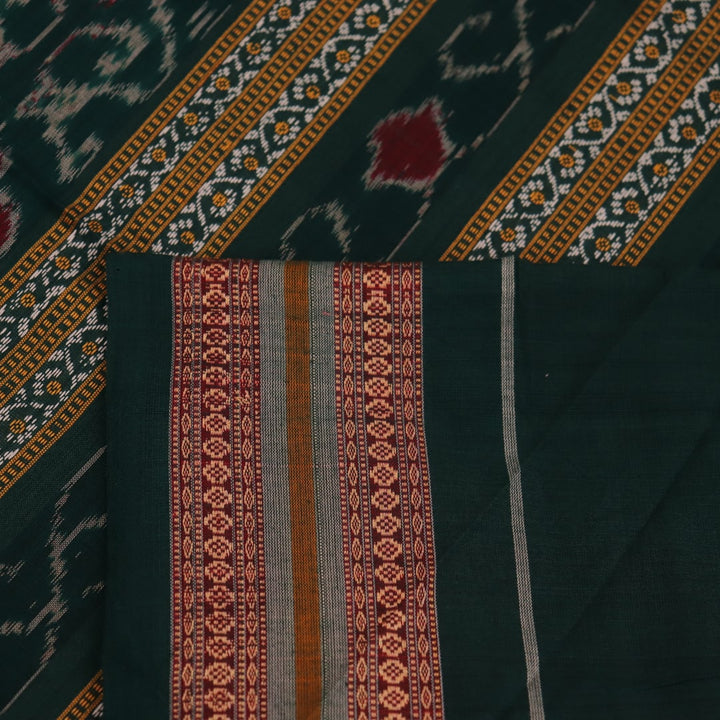 Full view of a maroon and green cotton Bomkai saree with a butta pattern.