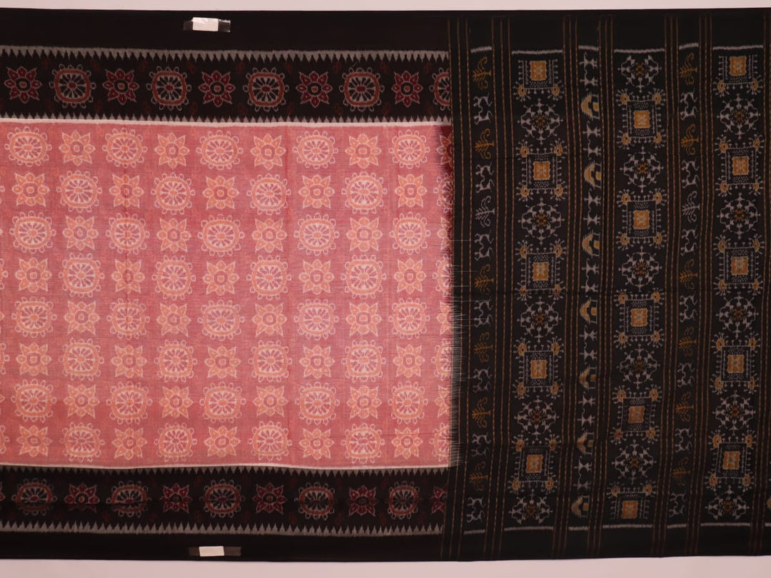 Full view of a peach-colored Sambalpuri cotton saree with black motifs.