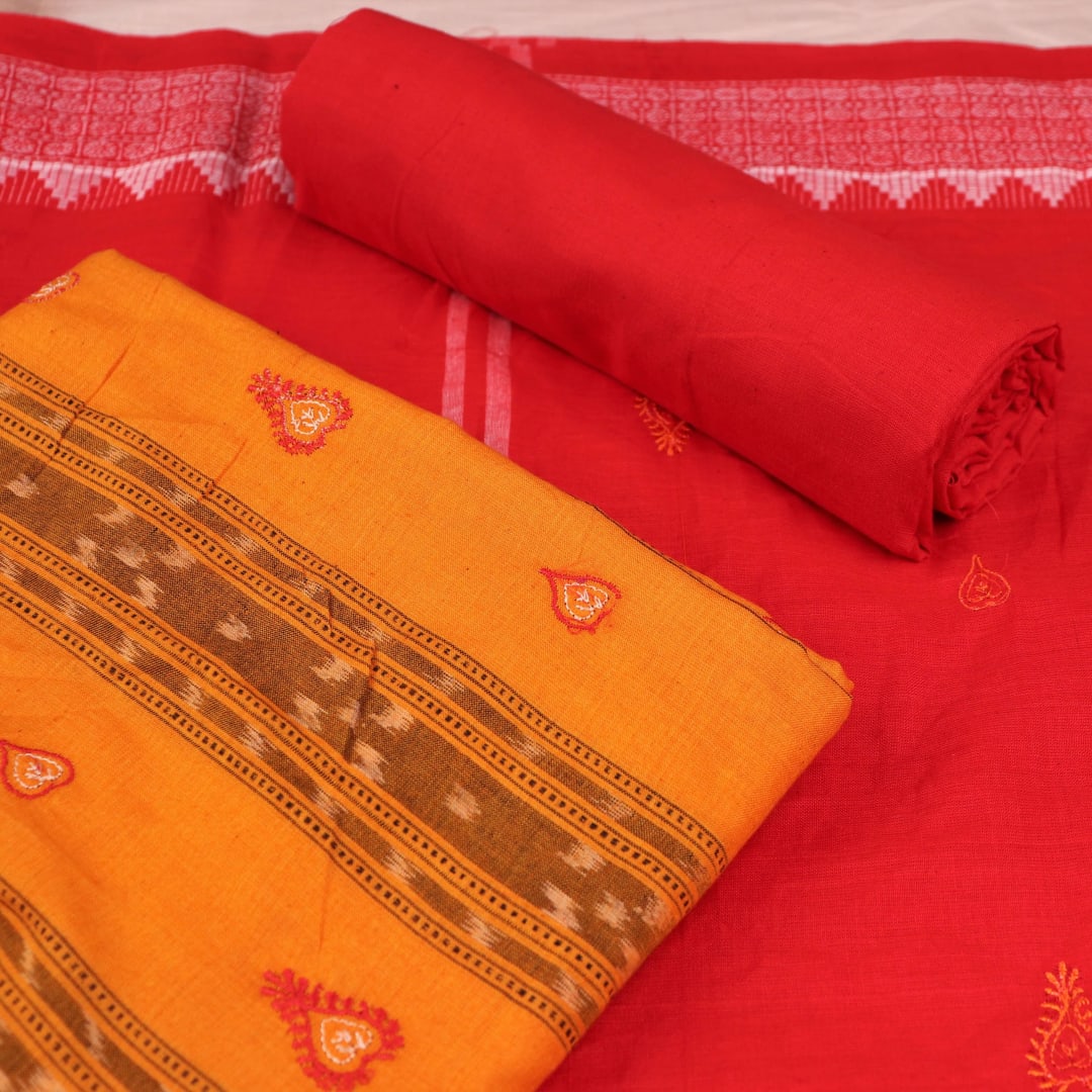 Yellow cotton Sambalpuri dress material with red motifs and intricate blouse piece.