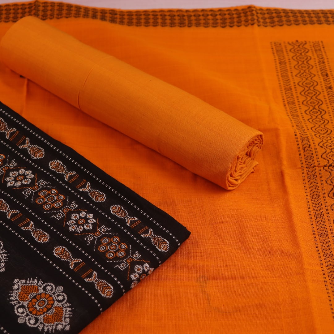 Handloom Black Bomkai Cotton Dress Material with Yellow border