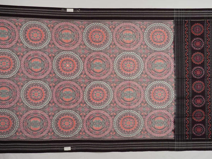 Full length flat layout of a brown and multi color Sambalpuri cotton saree highlighting the complete pattern.