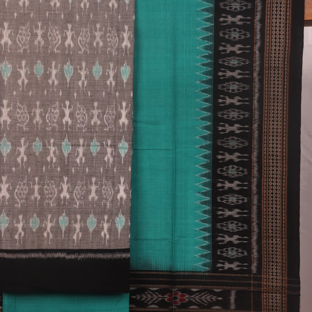 Sambalpuri cotton dress material blouse piece in grey with green motifs.