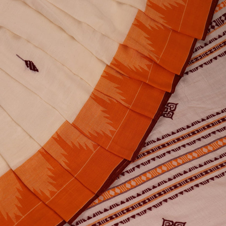 Full view of an exquisite cotton saree with intricate butta pattern in off-white and yellow.