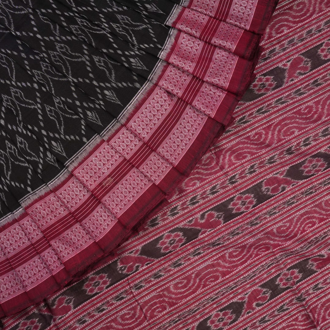 Full layout of black and maroon Sambalpuri cotton saree showing the body, pallu, and border design.