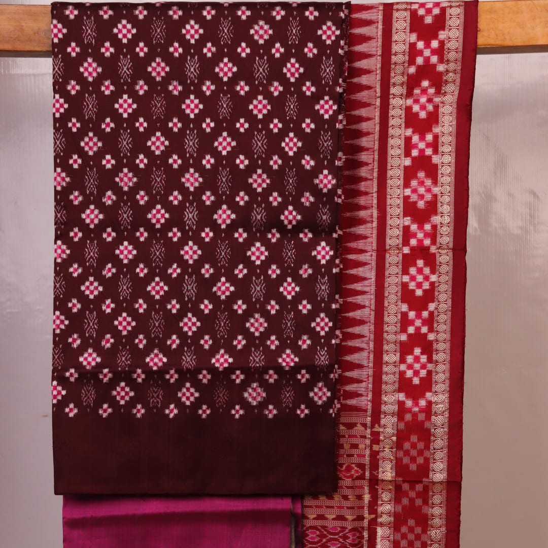 Detail of maroon and pink Sambalpuri Pasapalli silk dress material blouse piece.