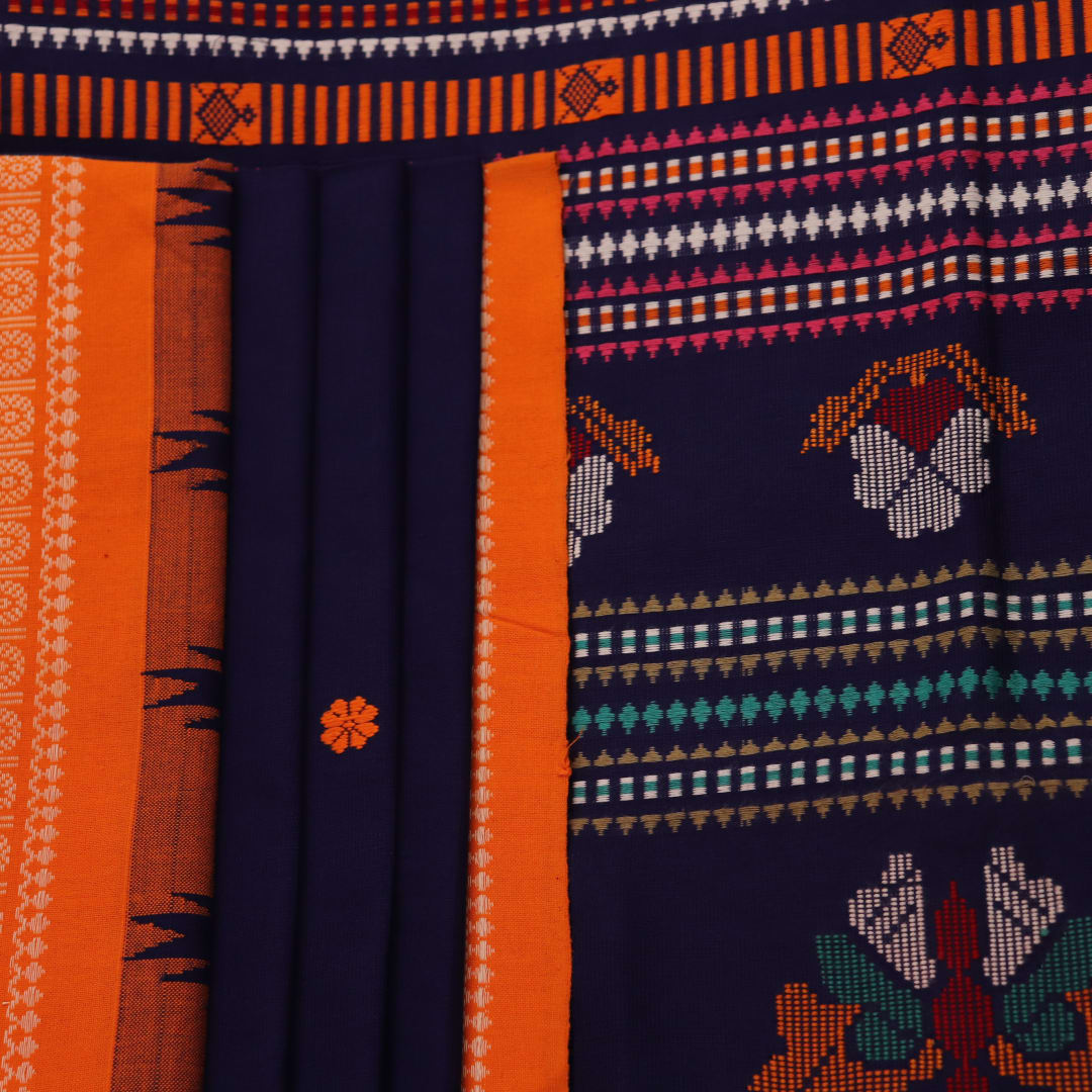 Full view of a blue and orange cotton Berhampuri saree with a butta pattern