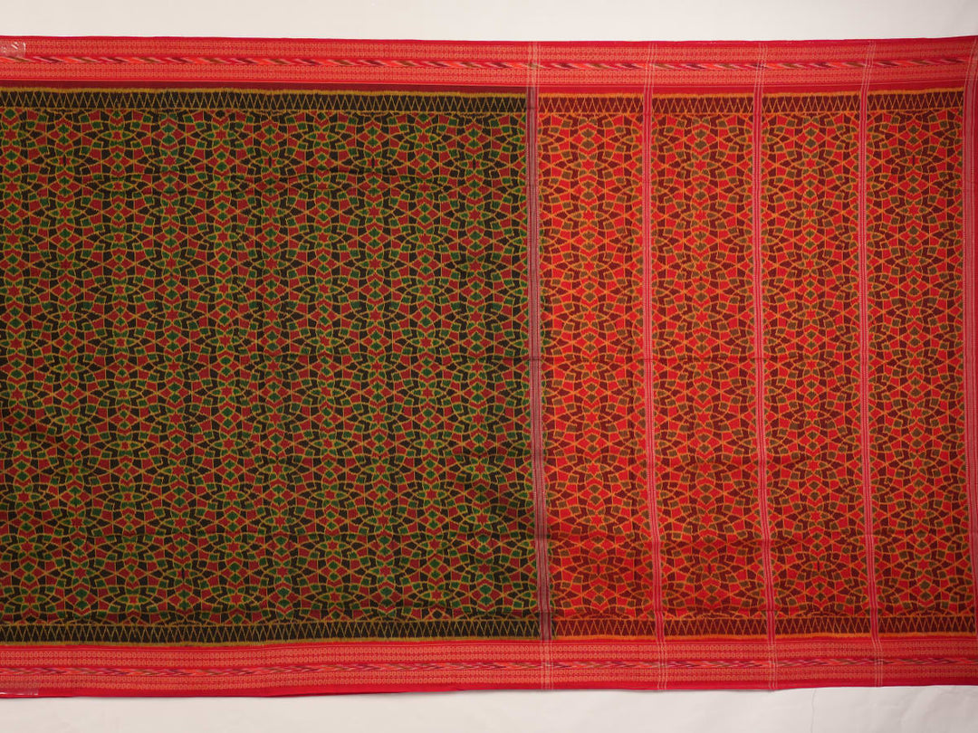 Full layout of red multi-color Sambalpuri cotton saree showcasing the overall ikat pattern and pallu design.