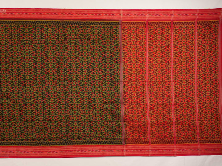 Full layout of red multi-color Sambalpuri cotton saree showcasing the overall ikat pattern and pallu design.