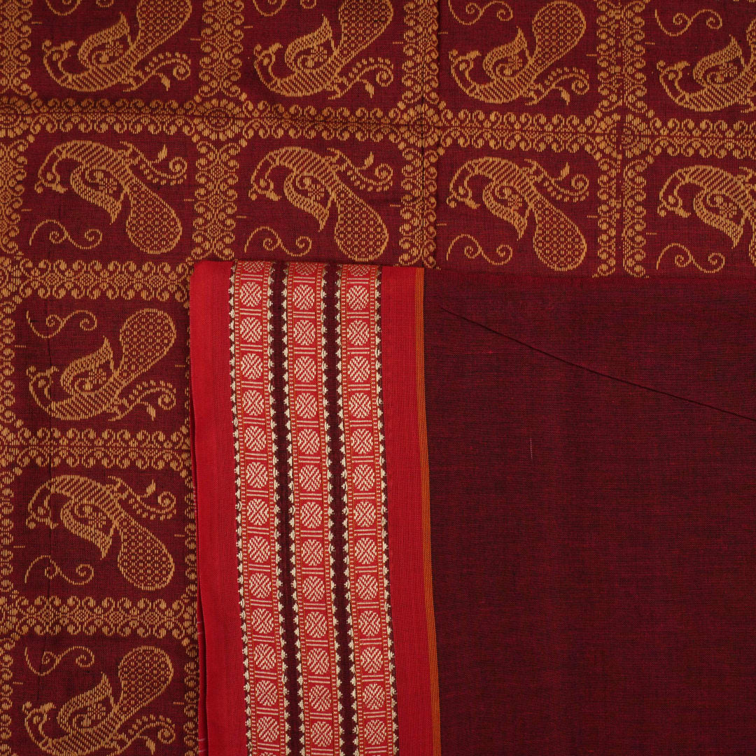 Full flat layout of the black and maroon Bomkai cotton saree with traditional butta patterns and pallu.