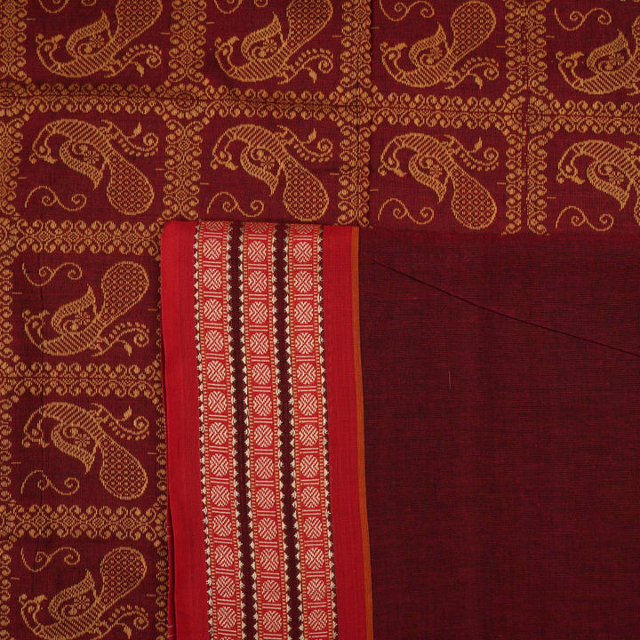 Full flat layout of the black and maroon Bomkai cotton saree with traditional butta patterns and pallu.