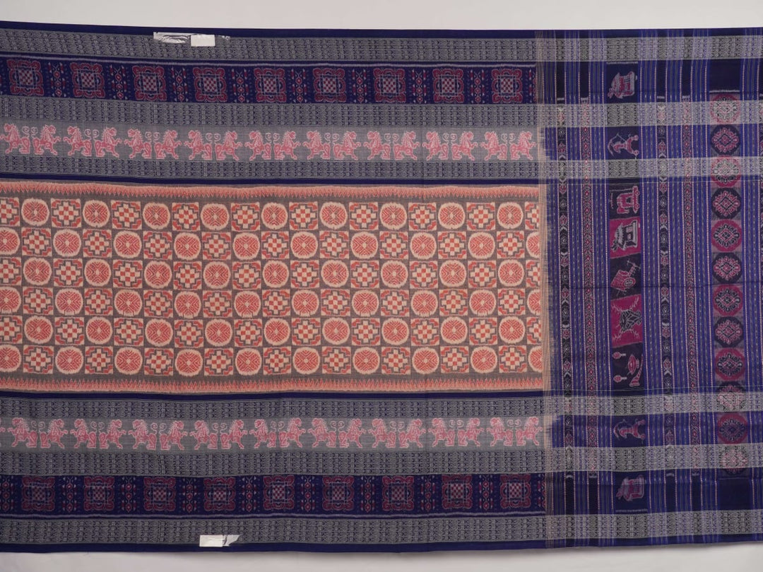 Full layout of blue and multi-color Sambalpuri cotton saree displaying motifs across the length.
