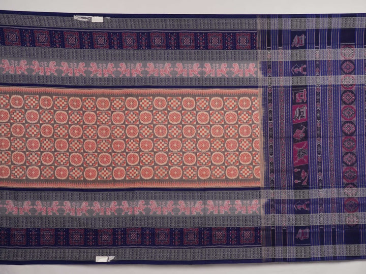 Full layout of blue and multi-color Sambalpuri cotton saree displaying motifs across the length.