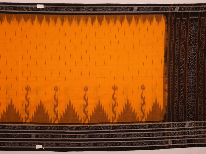 Draped view of a yellow and black Sambalpuri cotton saree with motifs, showcasing its styling and fall.
