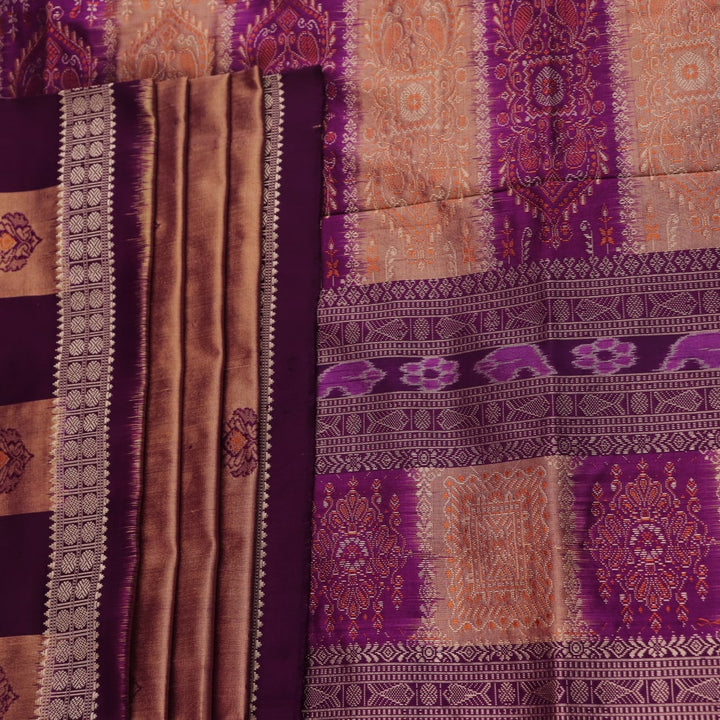 Close-up of the smooth, lustrous texture of multi-color and violet Bomkai silk saree, featuring butta weave.