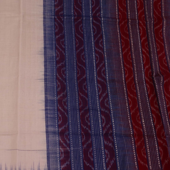 Styling view of a white and blue cotton Sambalpuri dupatta with plain pattern