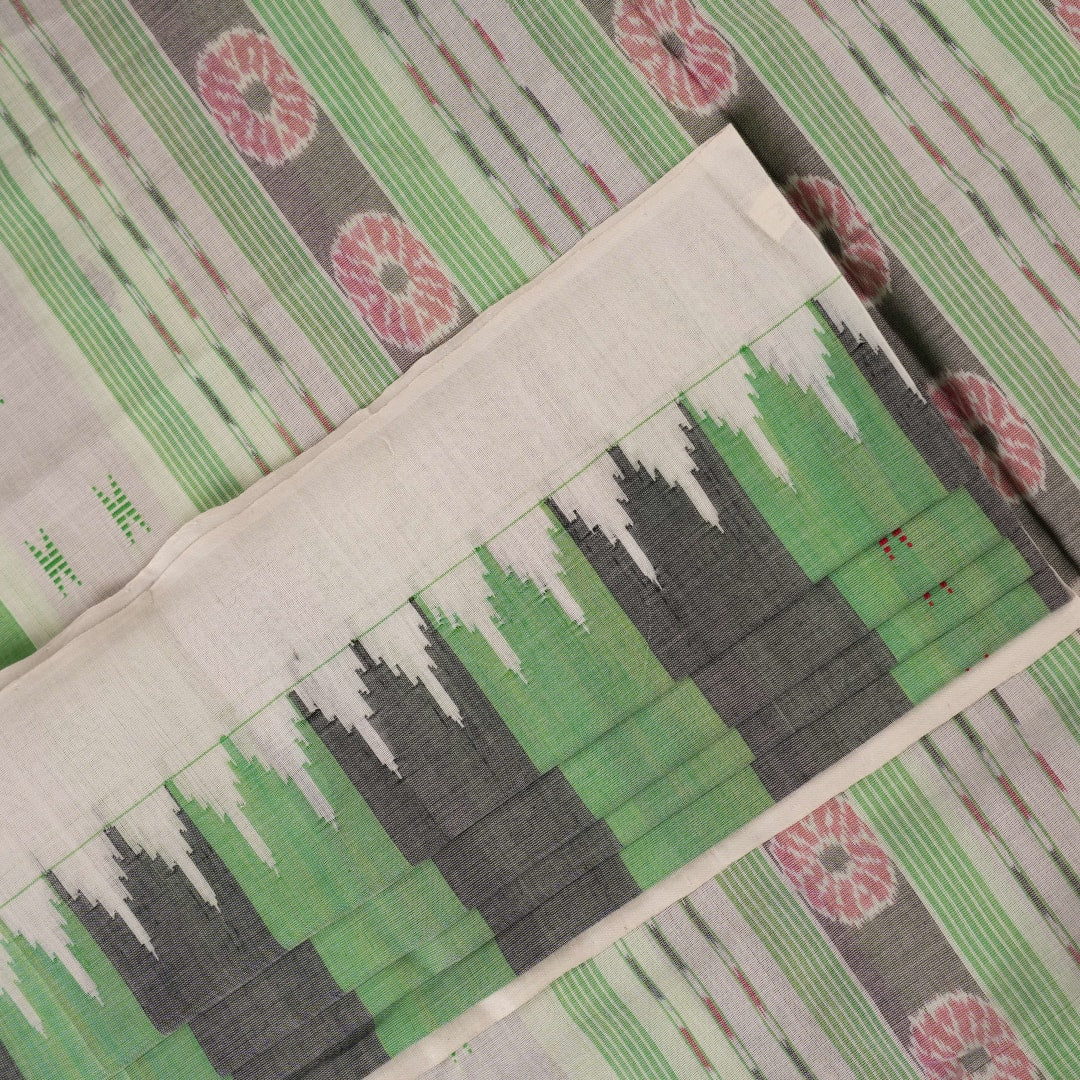 Full-length layout of the green and white striped Sambalpuri cotton saree showing the complete design.