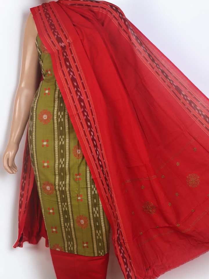 Sambalpuri cotton dress material's green and red motif blouse piece detail.