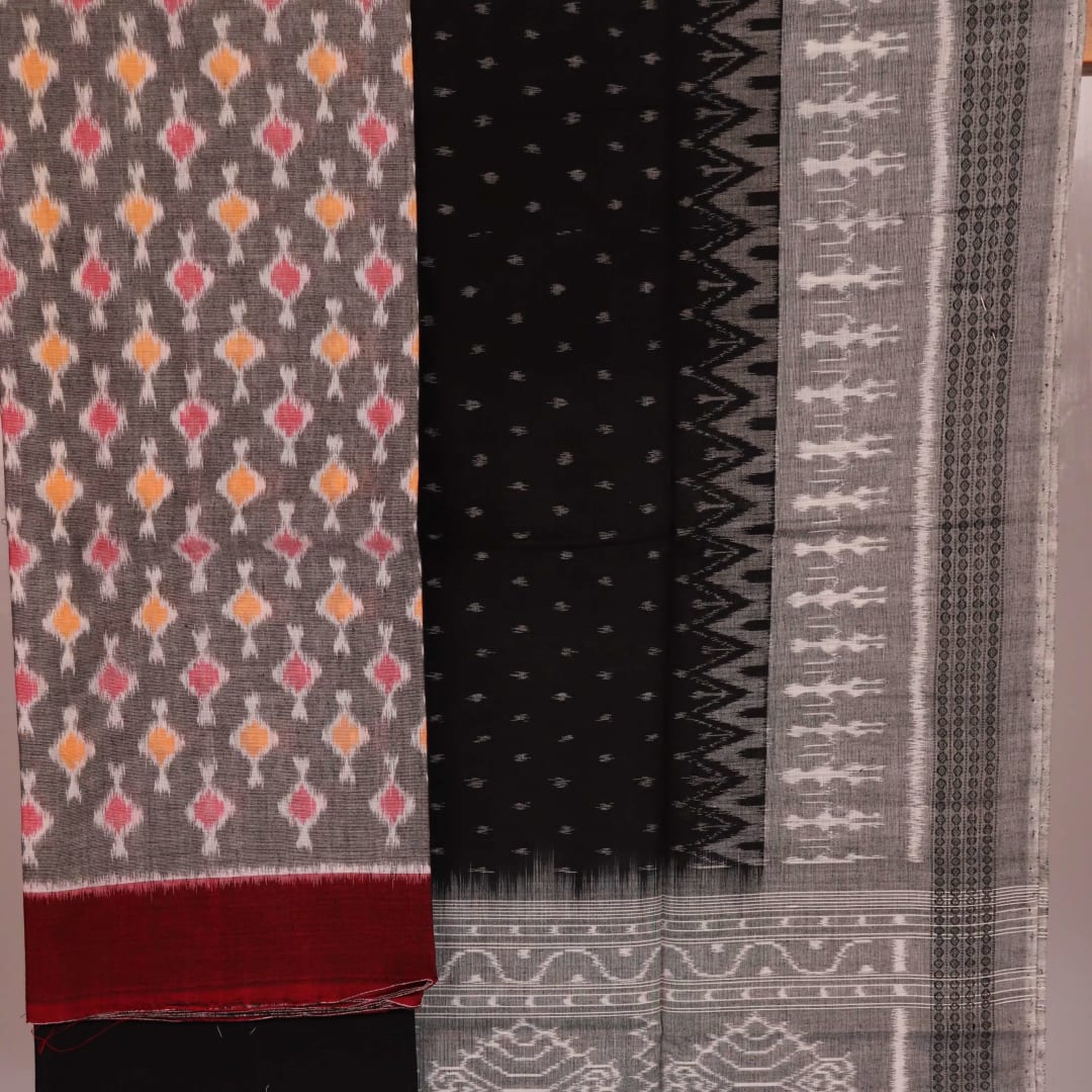 Sambalpuri cotton dress material in grey and black with motif pattern, showcasing the blouse piece.