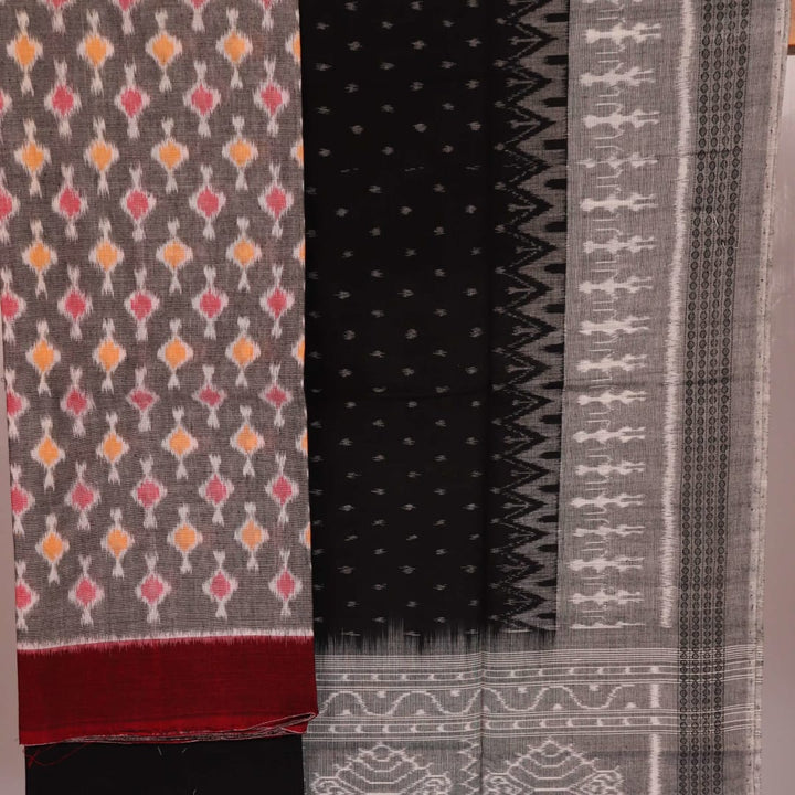 Sambalpuri cotton dress material in grey and black with motif pattern, showcasing the blouse piece.