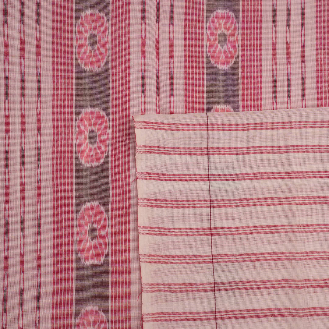 Full length view of a white and multi-color striped Sambalpuri cotton saree showing the complete design.
