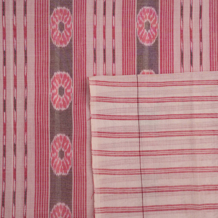 Full length view of a white and multi-color striped Sambalpuri cotton saree showing the complete design.