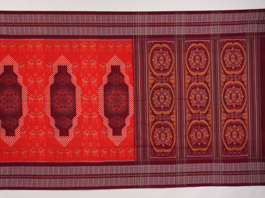 Full view of the orange and maroon Sambalpuri cotton saree showcasing the iconic Pasapalli checkerboard pattern.