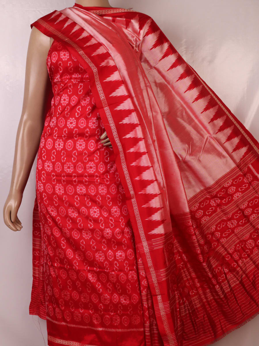 Detail of red and peach Sambalpuri Silk dress material blouse piece with motifs.