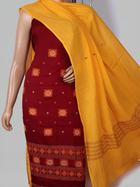 Maroon & yellow Bomkai cotton dress material: close-up of matching handloom blouse piece fabric.