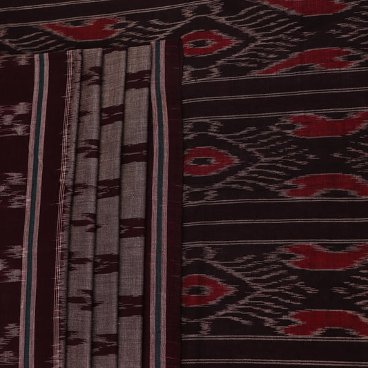 Elegantly draped grey Sambalpuri cotton saree with maroon motifs.