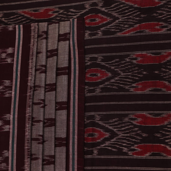 Elegantly draped grey Sambalpuri cotton saree with maroon motifs.