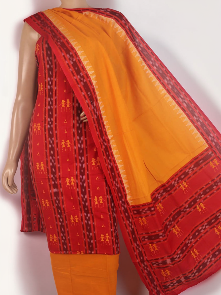 Sambalpuri red and yellow cotton dress material: Close-up of its motif-patterned blouse piece.