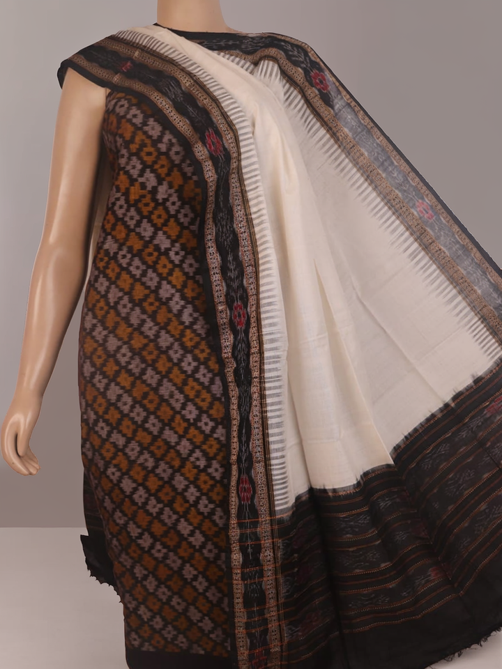 Detail of brown and white Sambalpuri cotton dress material blouse piece with motifs.
