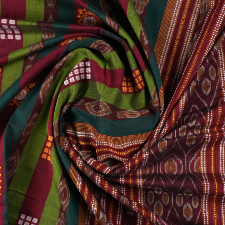 Full layout view of the multi-color striped Sambalpuri cotton saree with red border and pallu