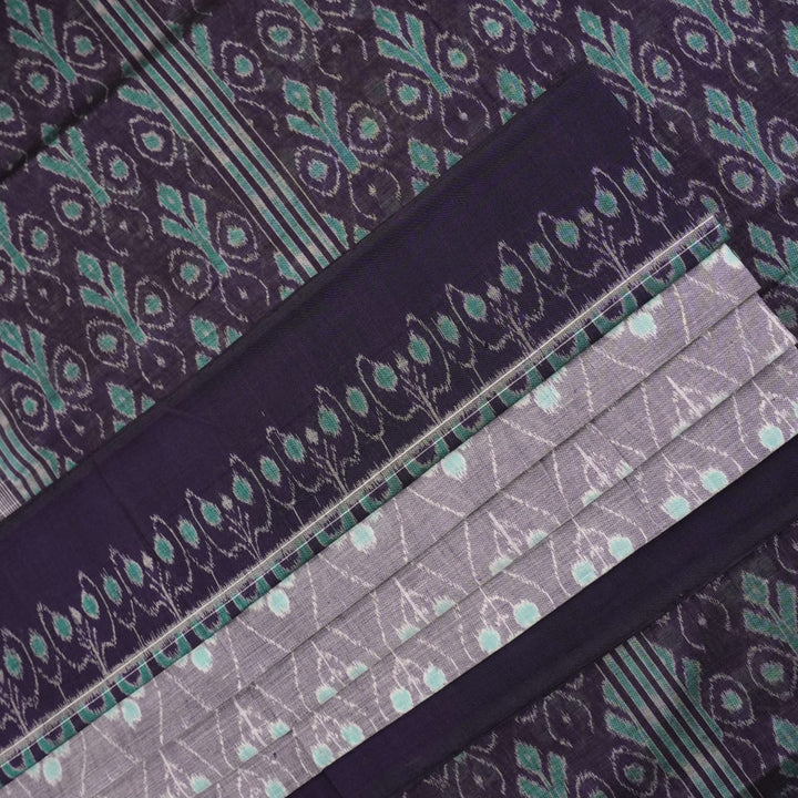 Full product layout of the grey and blue Sambalpuri cotton saree showing body motifs and pallu detail.