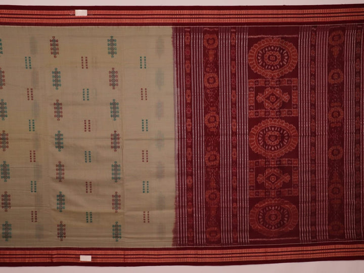 Full view of a traditional green and maroon cotton Bomkai saree featuring a butta pattern.