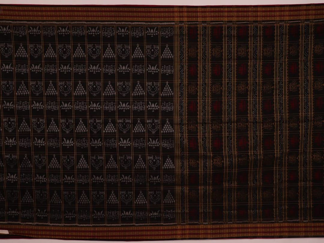 Full view of a black and black cotton Sambalpuri saree with intricate motif patterns.