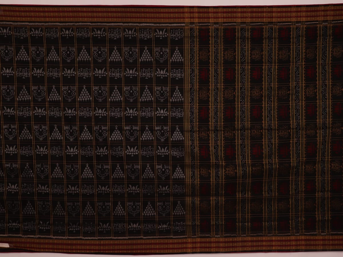 Full view of a black and black cotton Sambalpuri saree with intricate motif patterns.