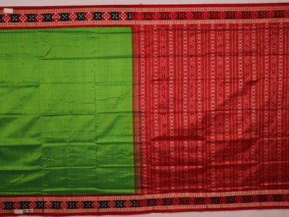 Close-up view of light green Pasapalli pattern woven on silk Sambalpuri saree fabric