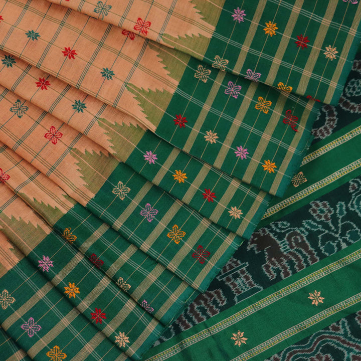 Full view of a Cream and Green Cotton Sambalpuri Butta Saree