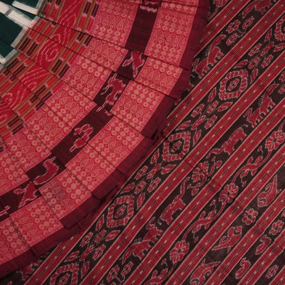 Handloom Green Sambalpuri Cotton Saree with Maroon border