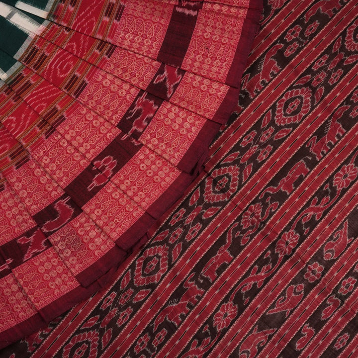 Model draped in a green and maroon pasapalli Sambalpuri cotton saree for a traditional ethnic look.