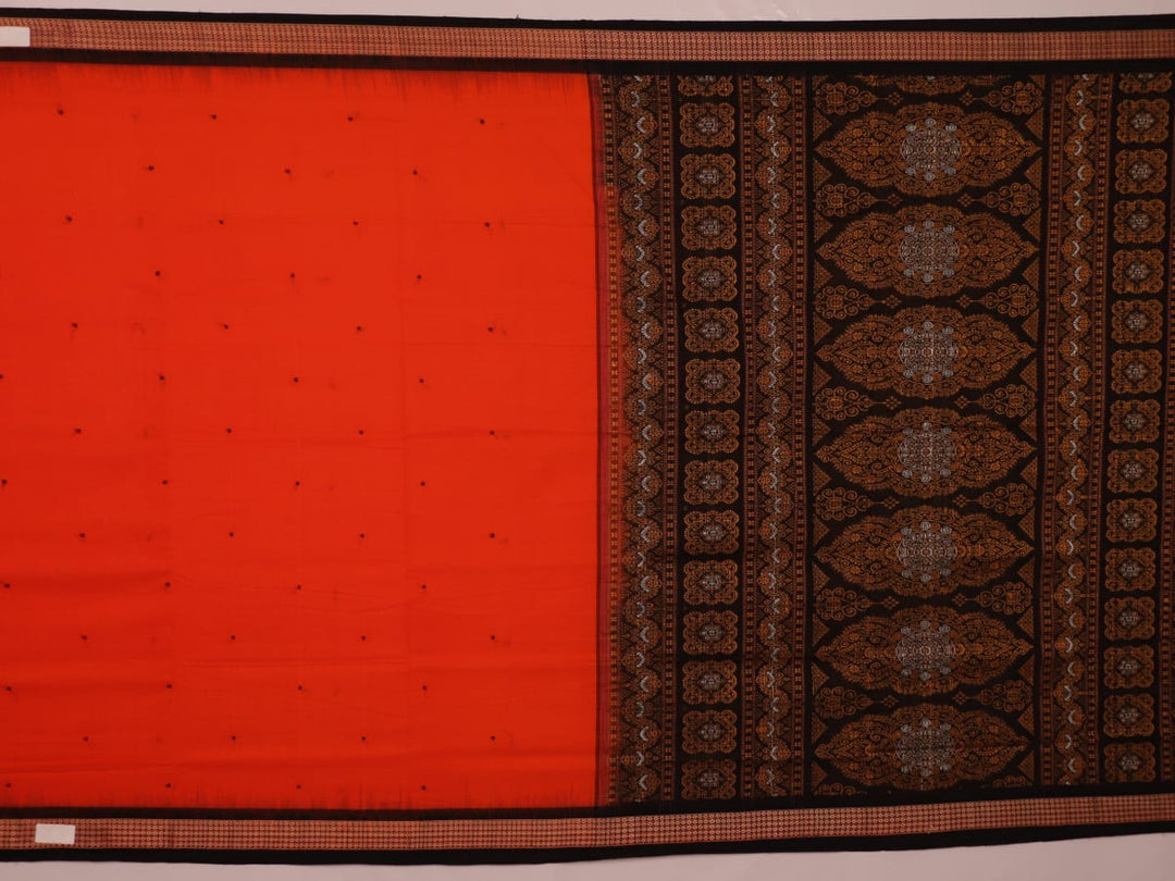 Full view of a Bomkai cotton saree in orange with black butta pattern