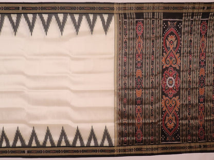 White Khandua silk saree draped, showcasing its plain body and simple elegance.
