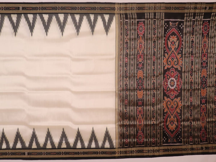 White Khandua silk saree draped, showcasing its plain body and simple elegance.
