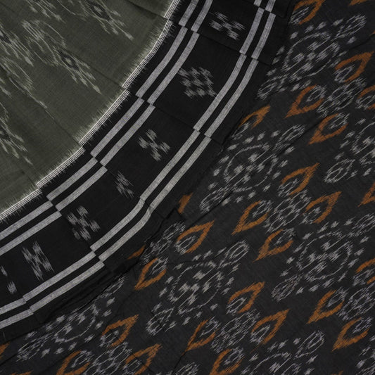 Elegant model drape of the grey and black Sambalpuri cotton saree showcasing traditional handloom motifs.