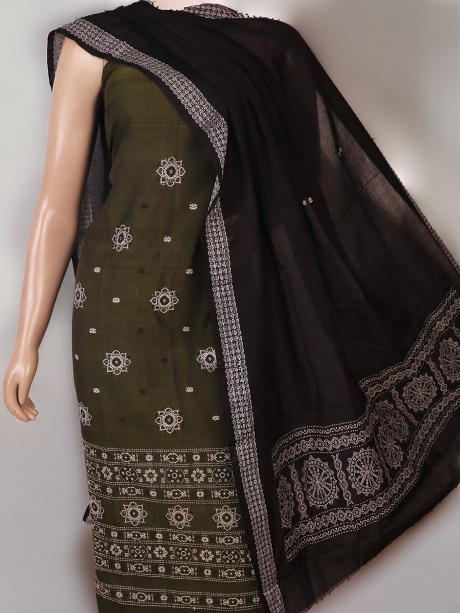 Detail of coordinating black Bomkai cotton blouse piece for green dress material.