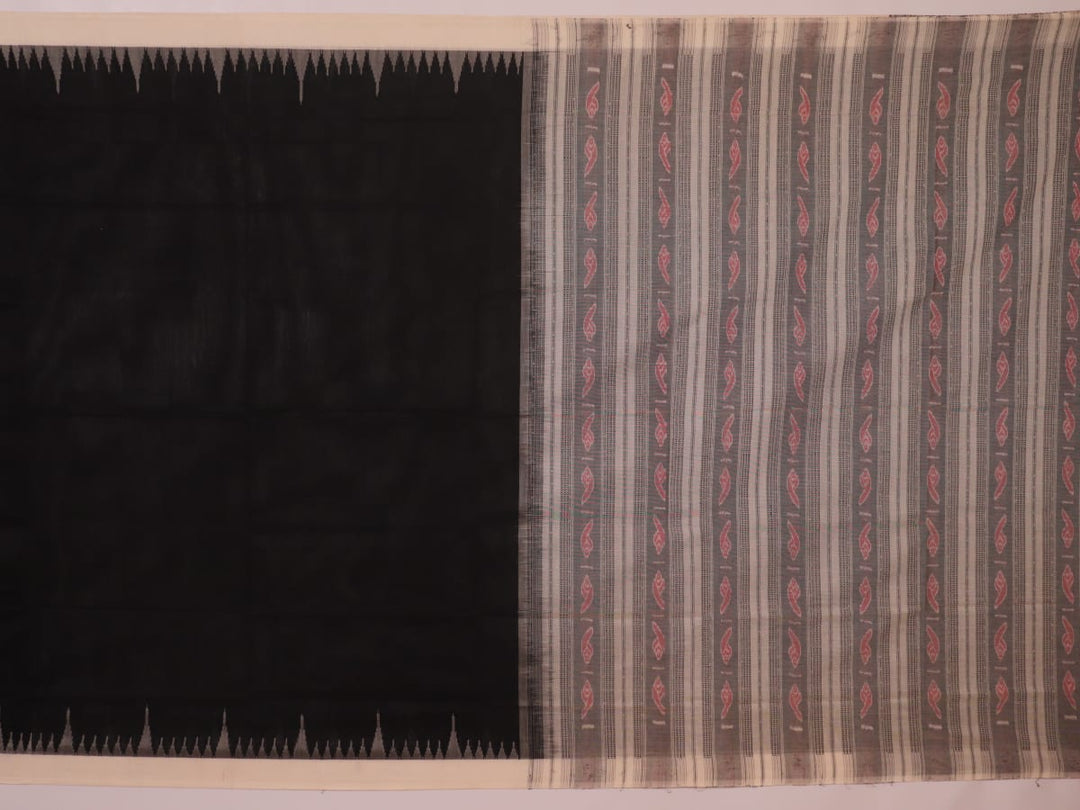 Full view of a plain black and white Sambalpuri cotton handloom saree.