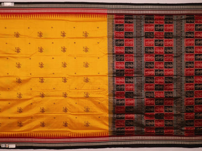 Close-up showcasing the smooth, golden-yellow silk texture of the Bomkai saree, adorned with intricate black butta patterns.